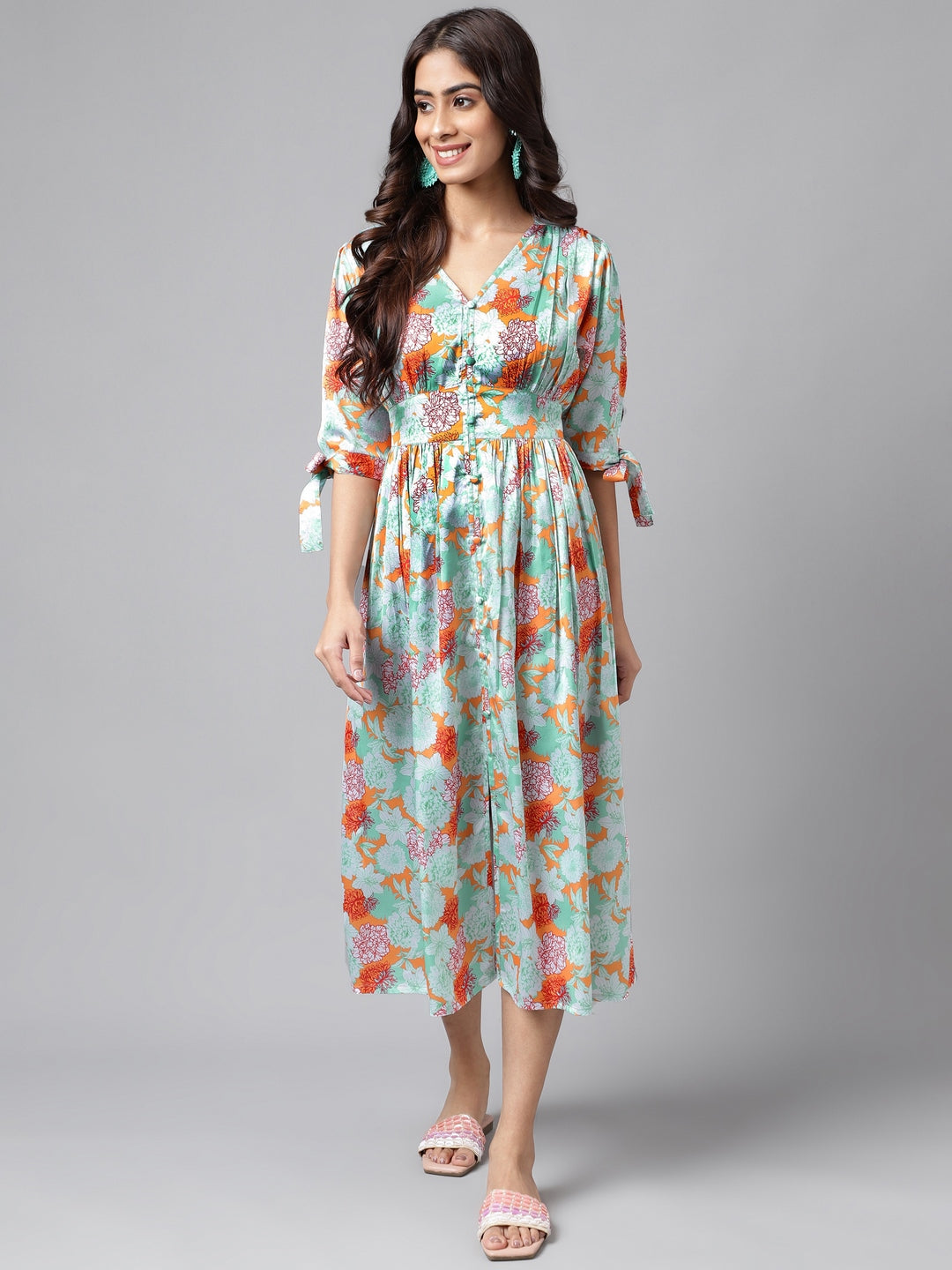 Janasya Women's Orange Satin Digital Floral Printed Flared Casual Dress | Grocsy
