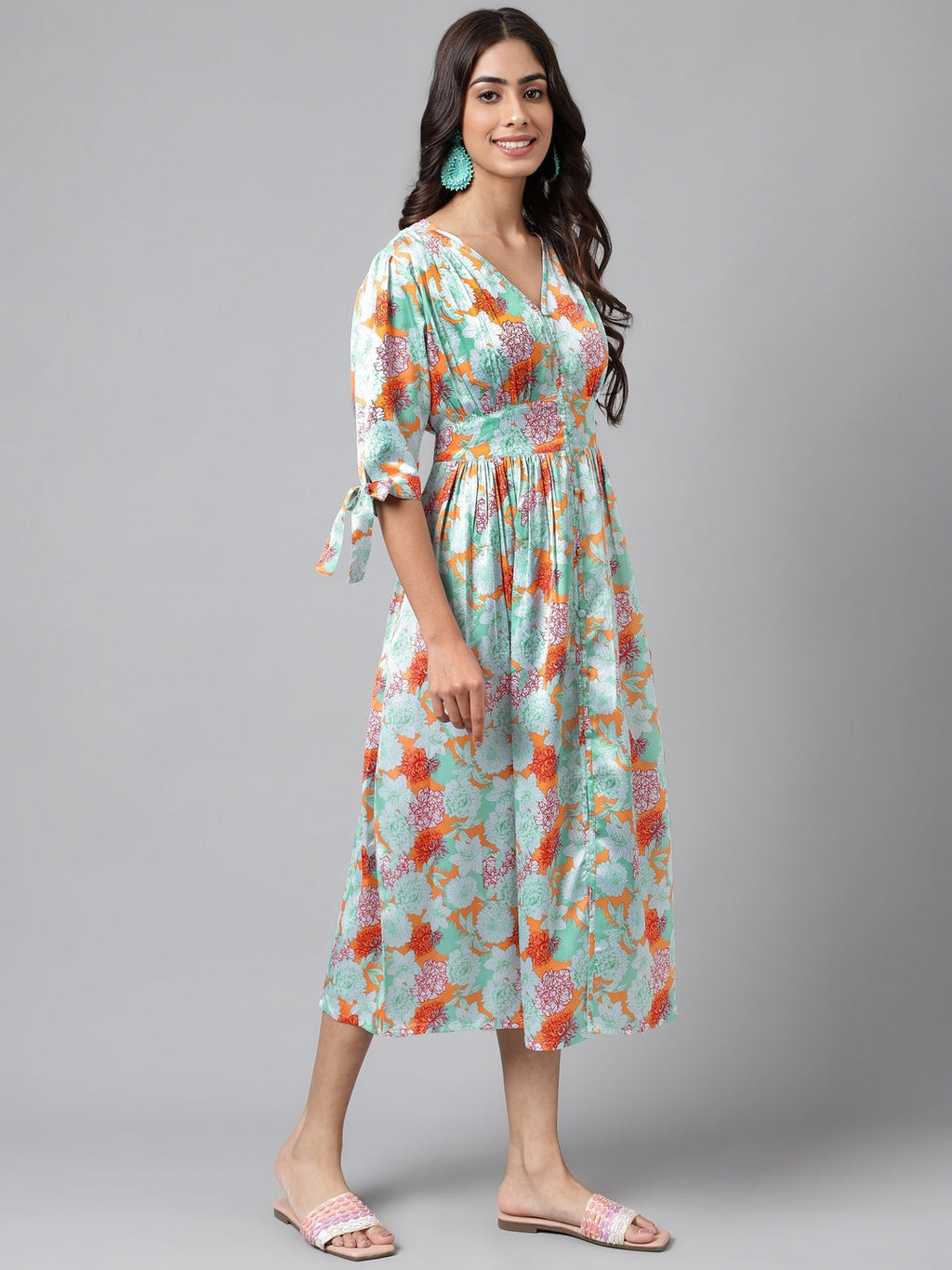 Janasya Women's Orange Satin Digital Floral Printed Flared Casual Dress | Grocsy