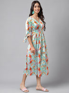 Janasya Women's Orange Satin Digital Floral Printed Flared Casual Dress | Grocsy