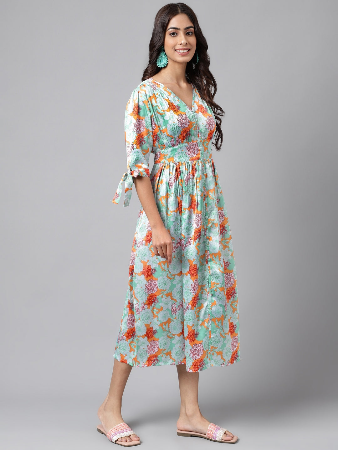 Janasya Women's Orange Satin Digital Floral Printed Flared Casual Dress | Grocsy
