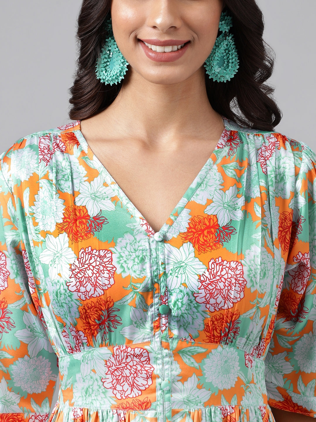 Janasya Women's Orange Satin Digital Floral Printed Flared Casual Dress | Grocsy