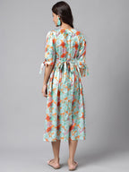 Janasya Women's Orange Satin Digital Floral Printed Flared Casual Dress | Grocsy