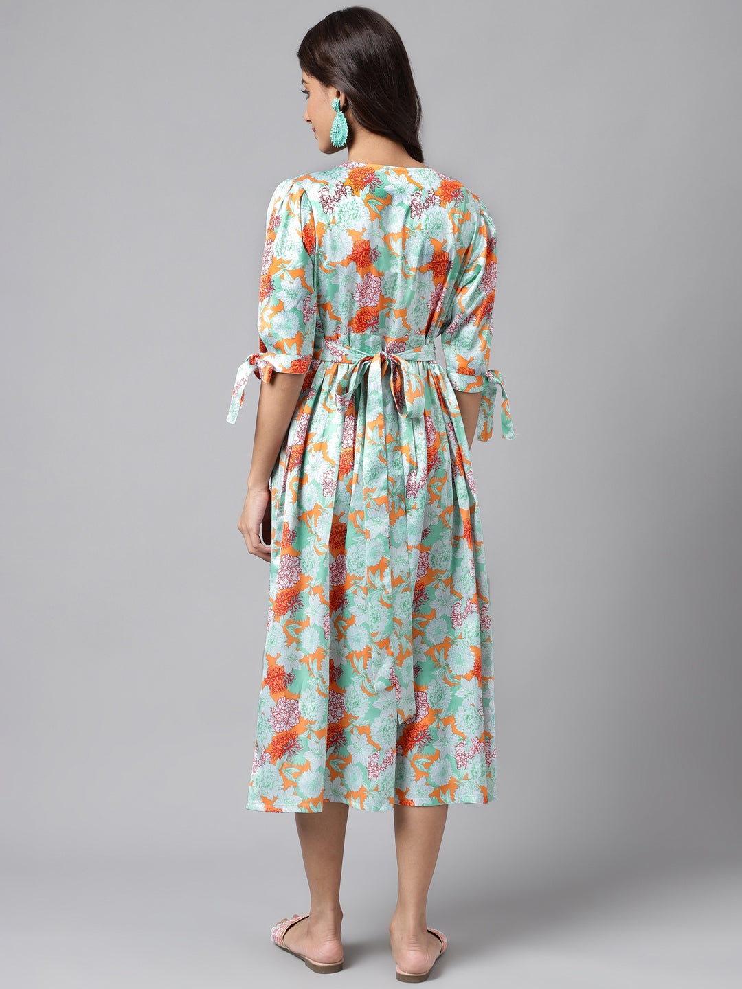 Janasya Women's Orange Satin Digital Floral Printed Flared Casual Dress | Grocsy