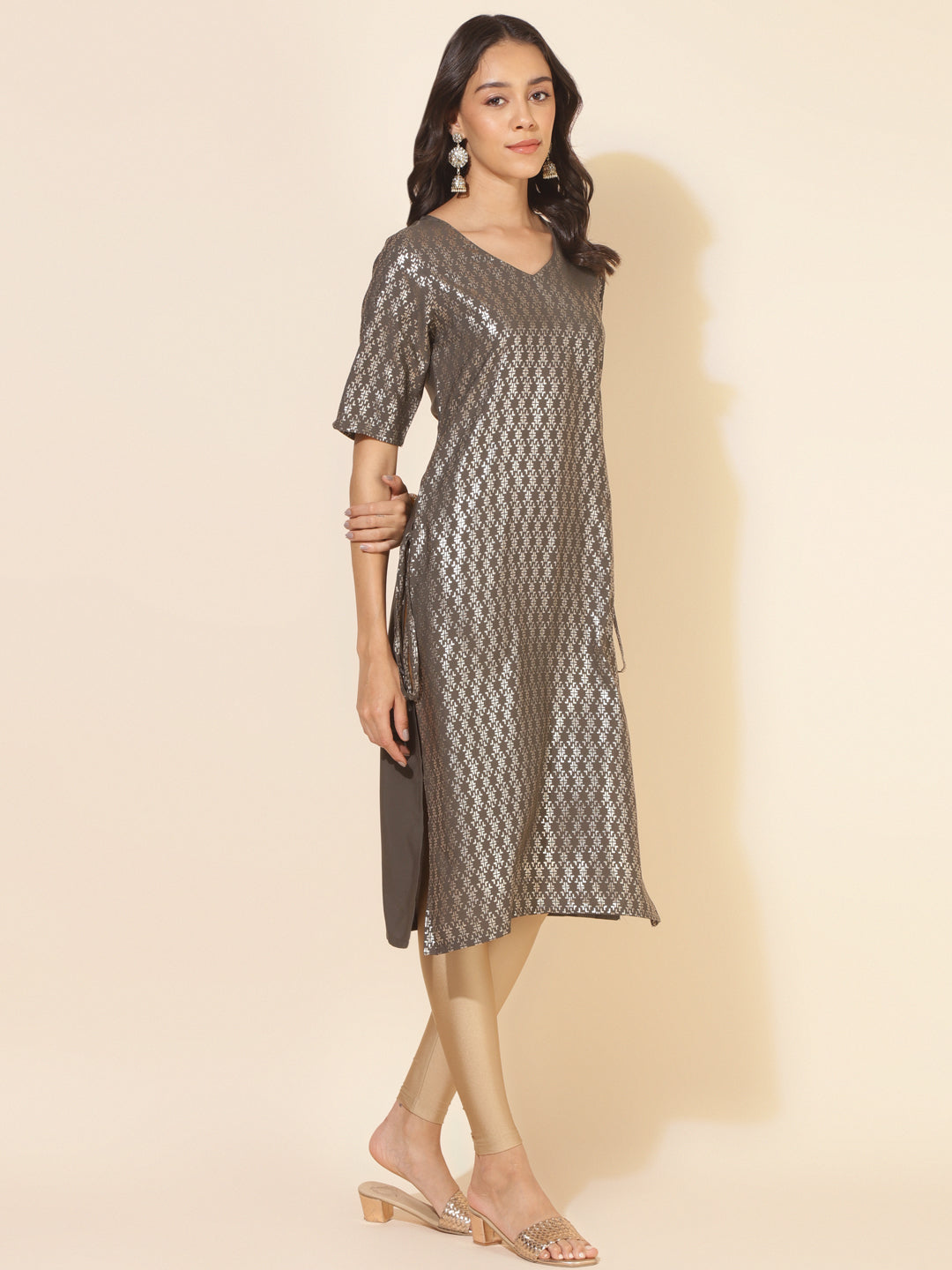 Janasya Grey Crepe Foil Printed Festive Kurta | Grocsy