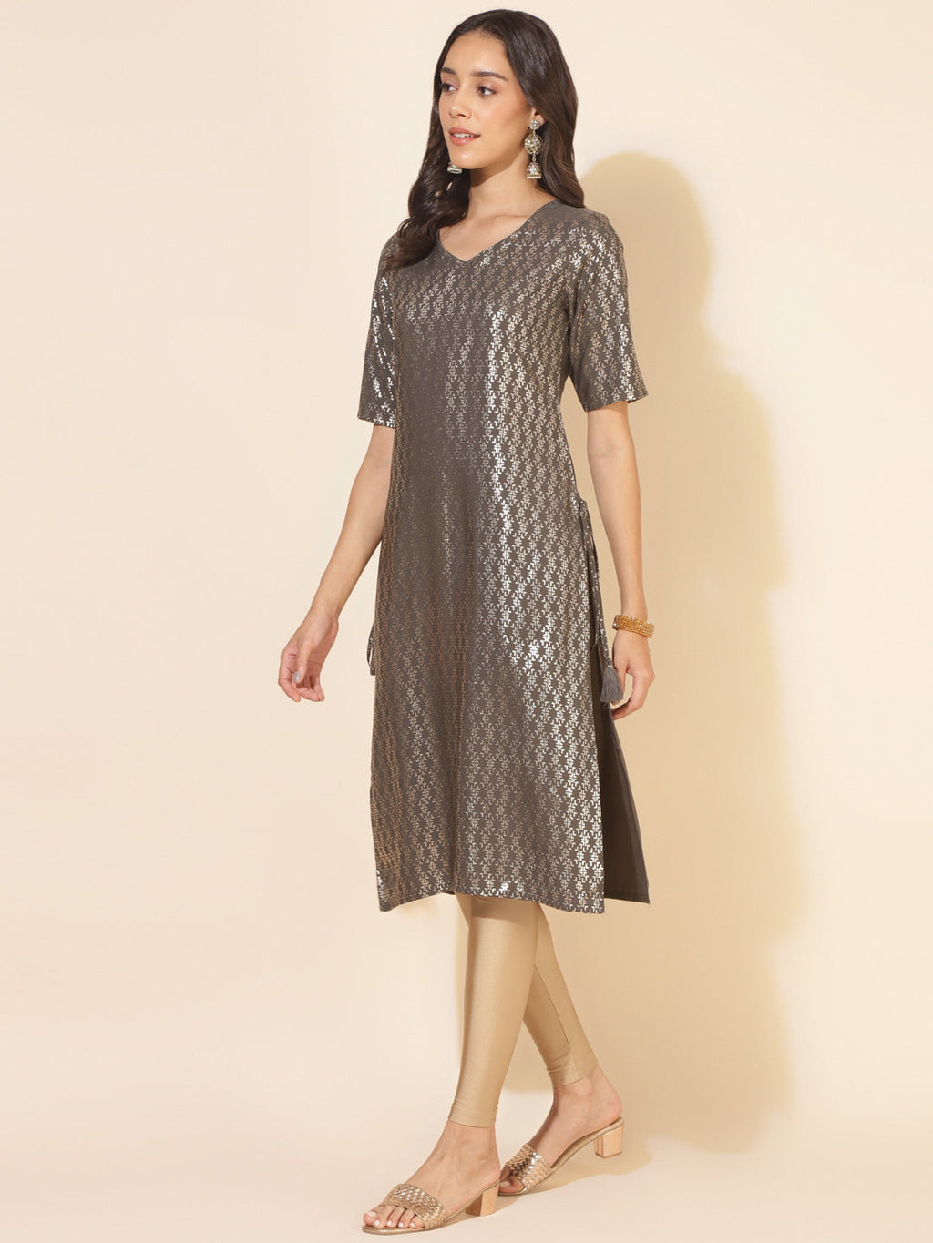 Janasya Grey Crepe Foil Printed Festive Kurta | Grocsy