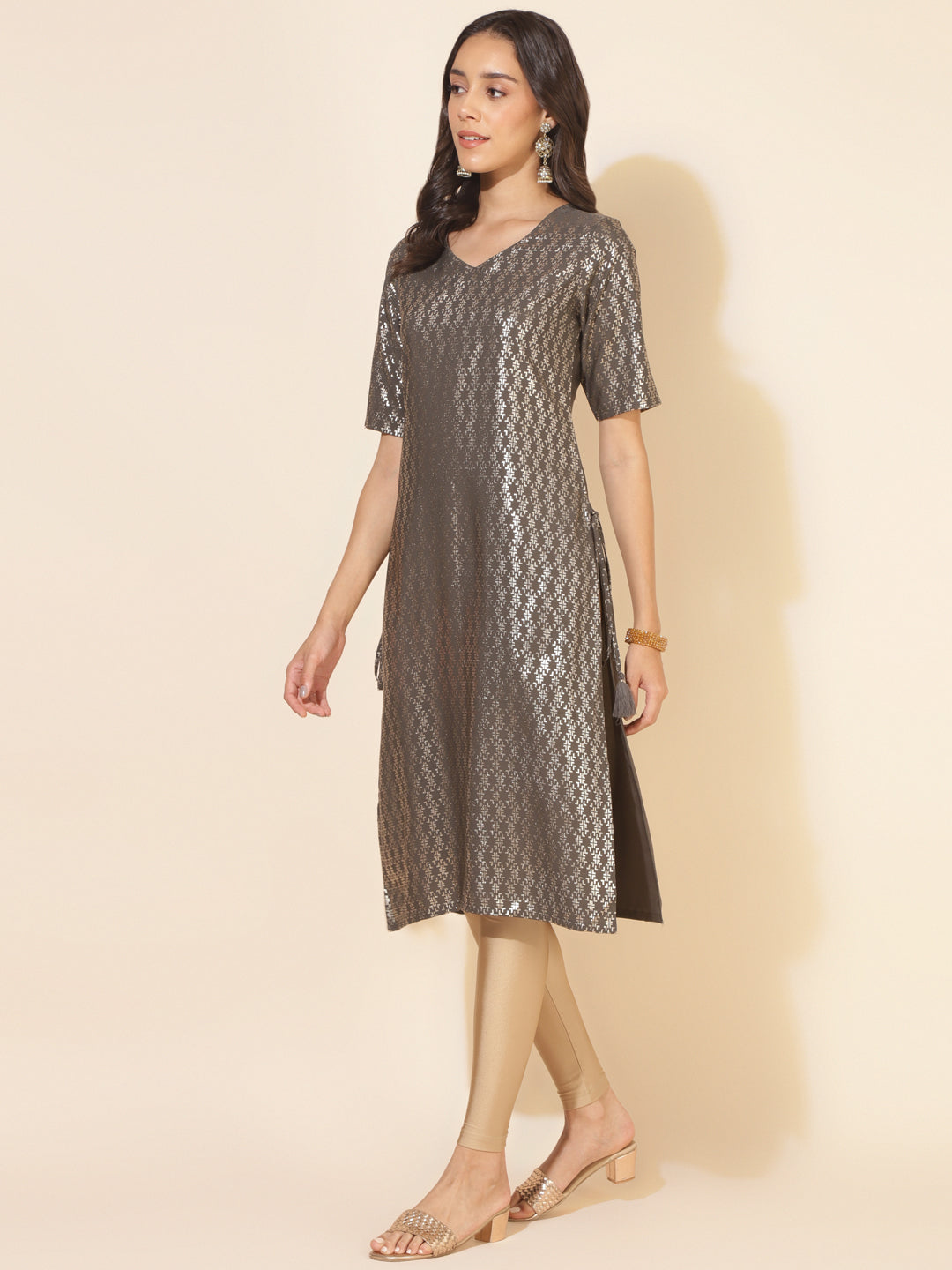 Janasya Grey Crepe Foil Printed Festive Kurta | Grocsy