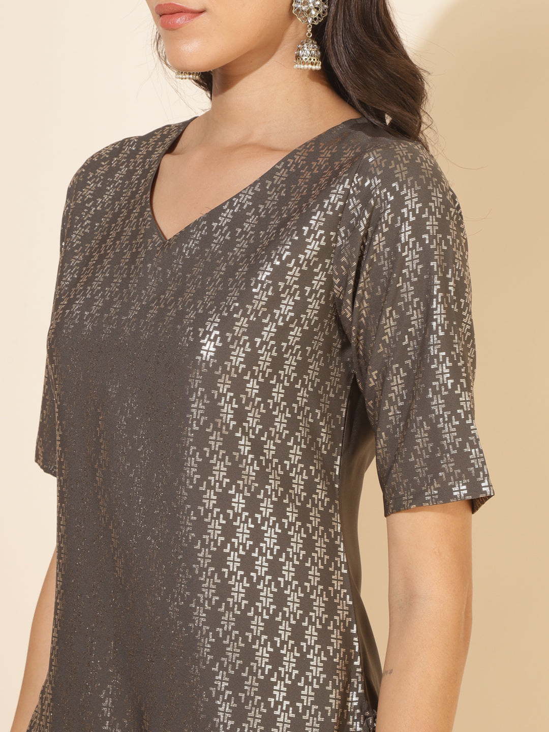 Janasya Grey Crepe Foil Printed Festive Kurta | Grocsy