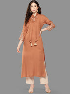 Janasya Peach Rayon Solid Straight Kurta | Grocsy