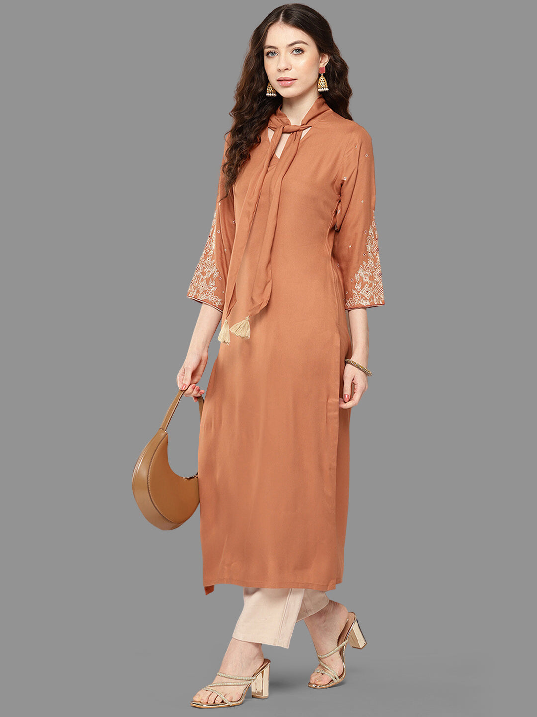 Janasya Peach Rayon Solid Straight Kurta | Grocsy