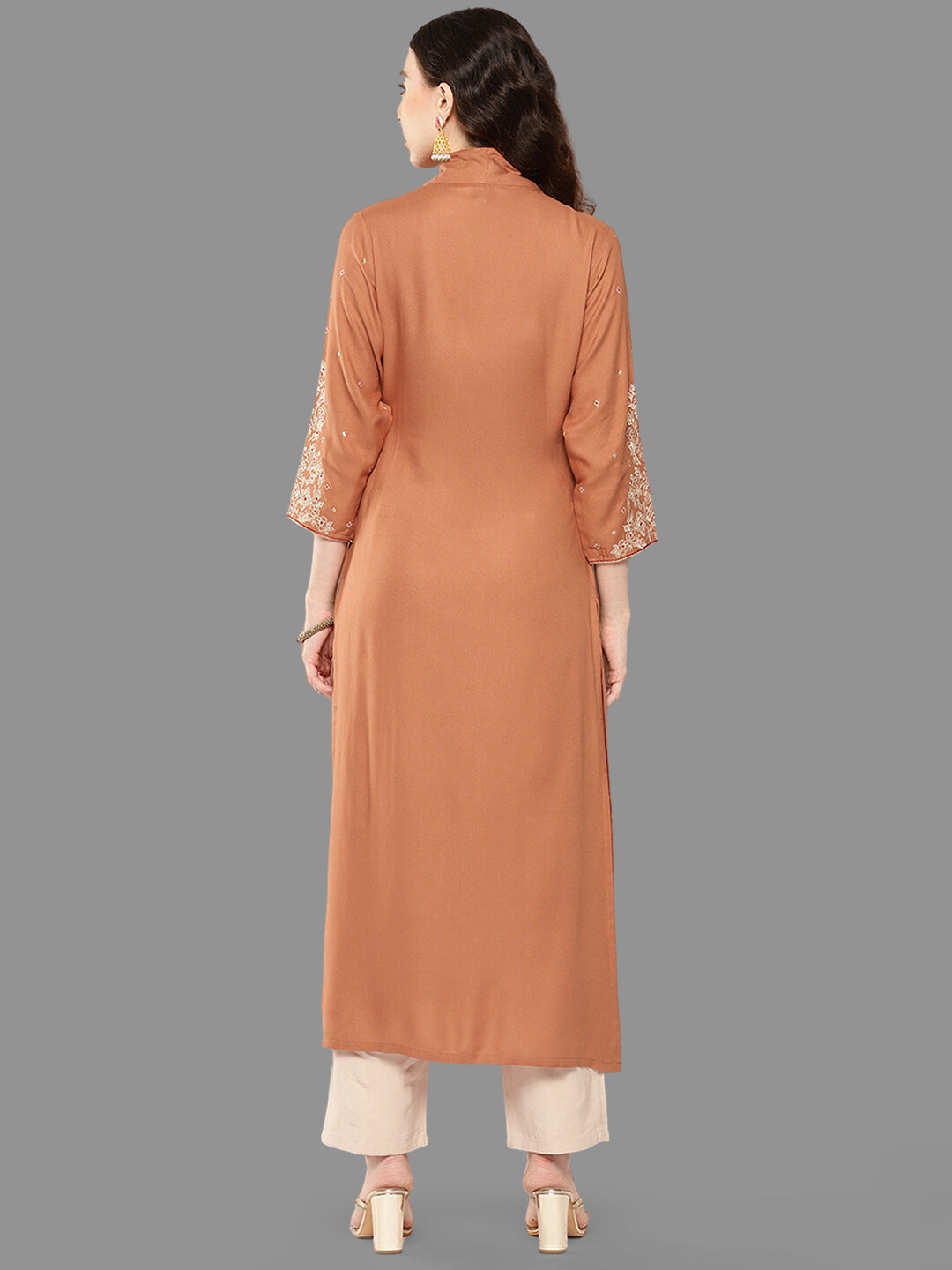 Janasya Peach Rayon Solid Straight Kurta | Grocsy