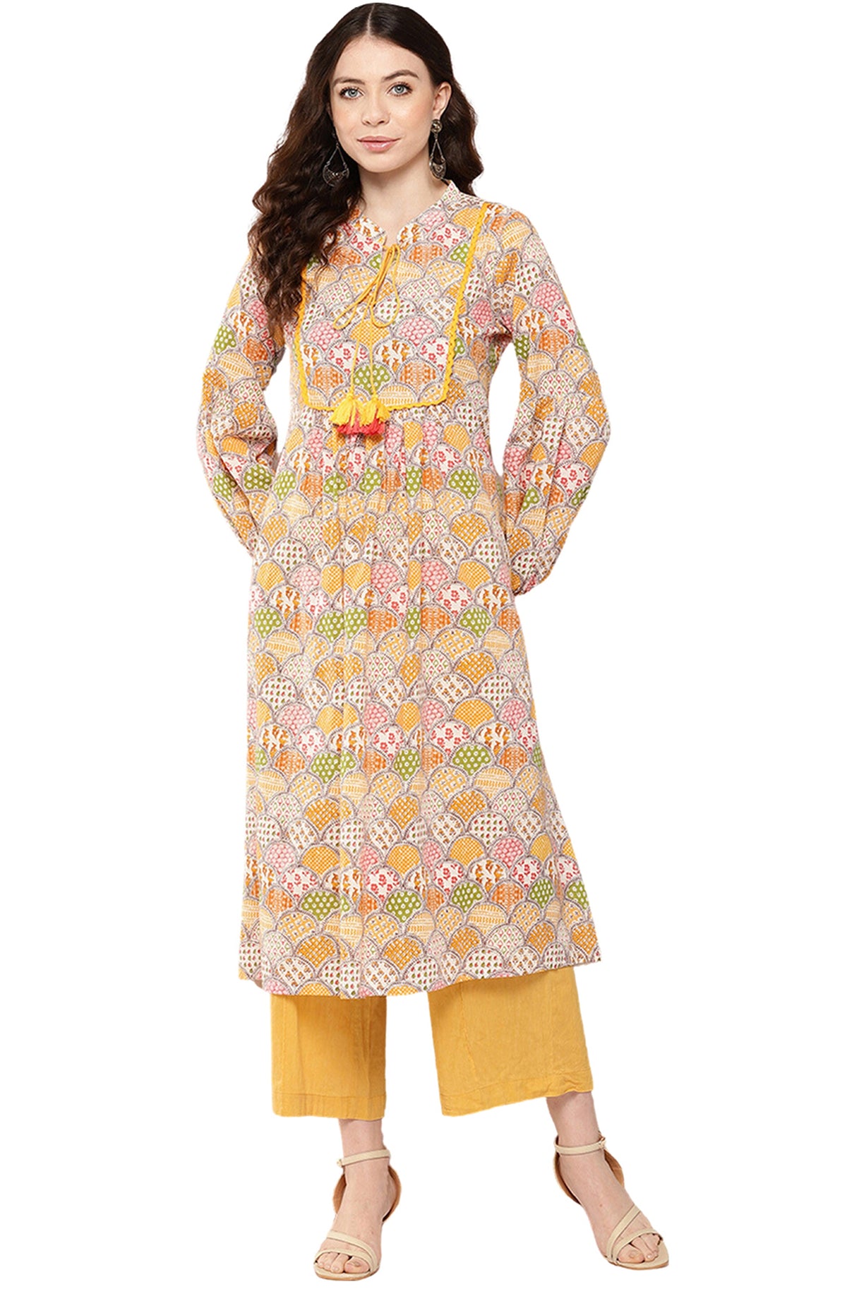 Janasya Multicolor Cotton Ethnic Motifs A-Line Kurta | Grocsy