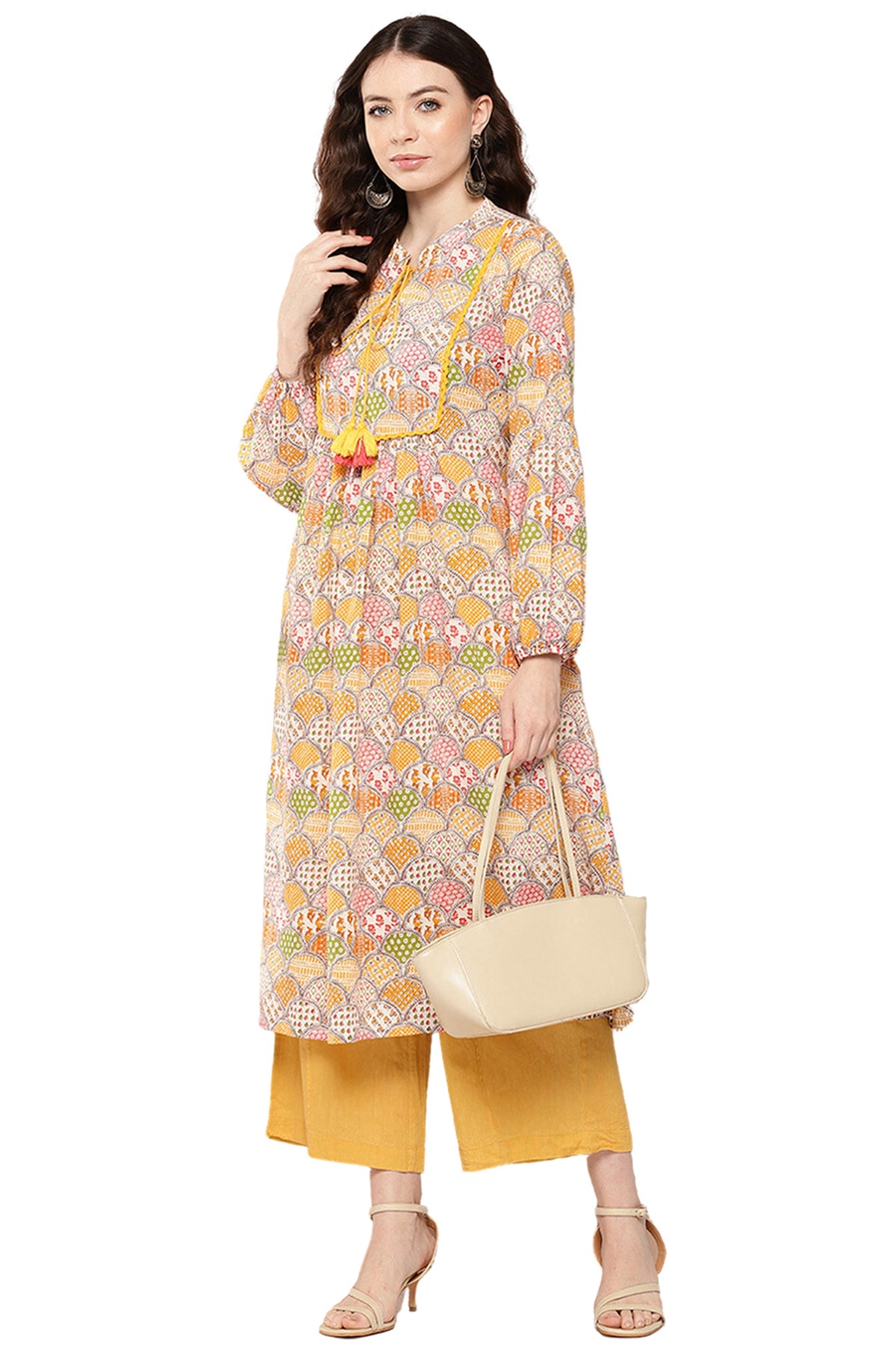 Janasya Multicolor Cotton Ethnic Motifs A-Line Kurta | Grocsy