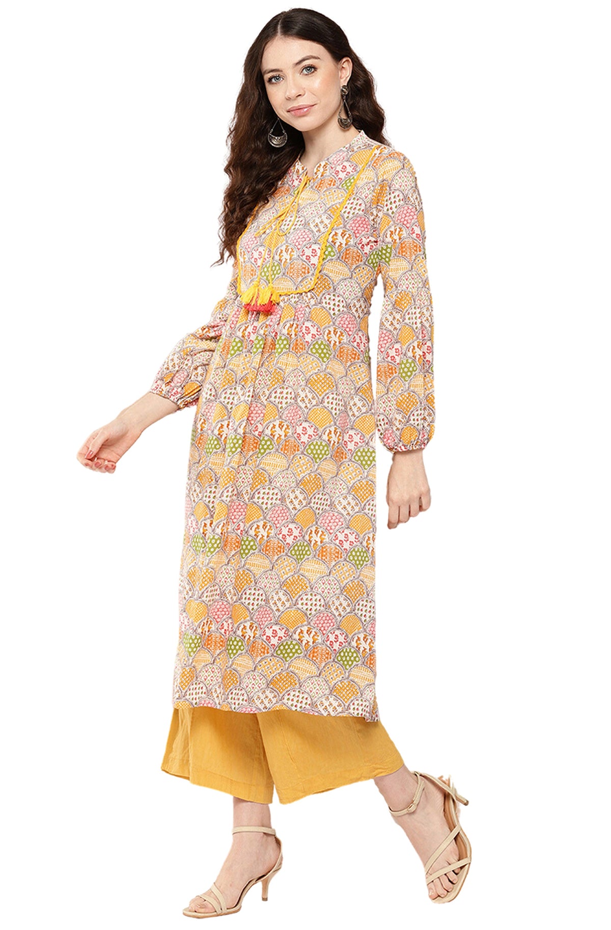 Janasya Multicolor Cotton Ethnic Motifs A-Line Kurta | Grocsy