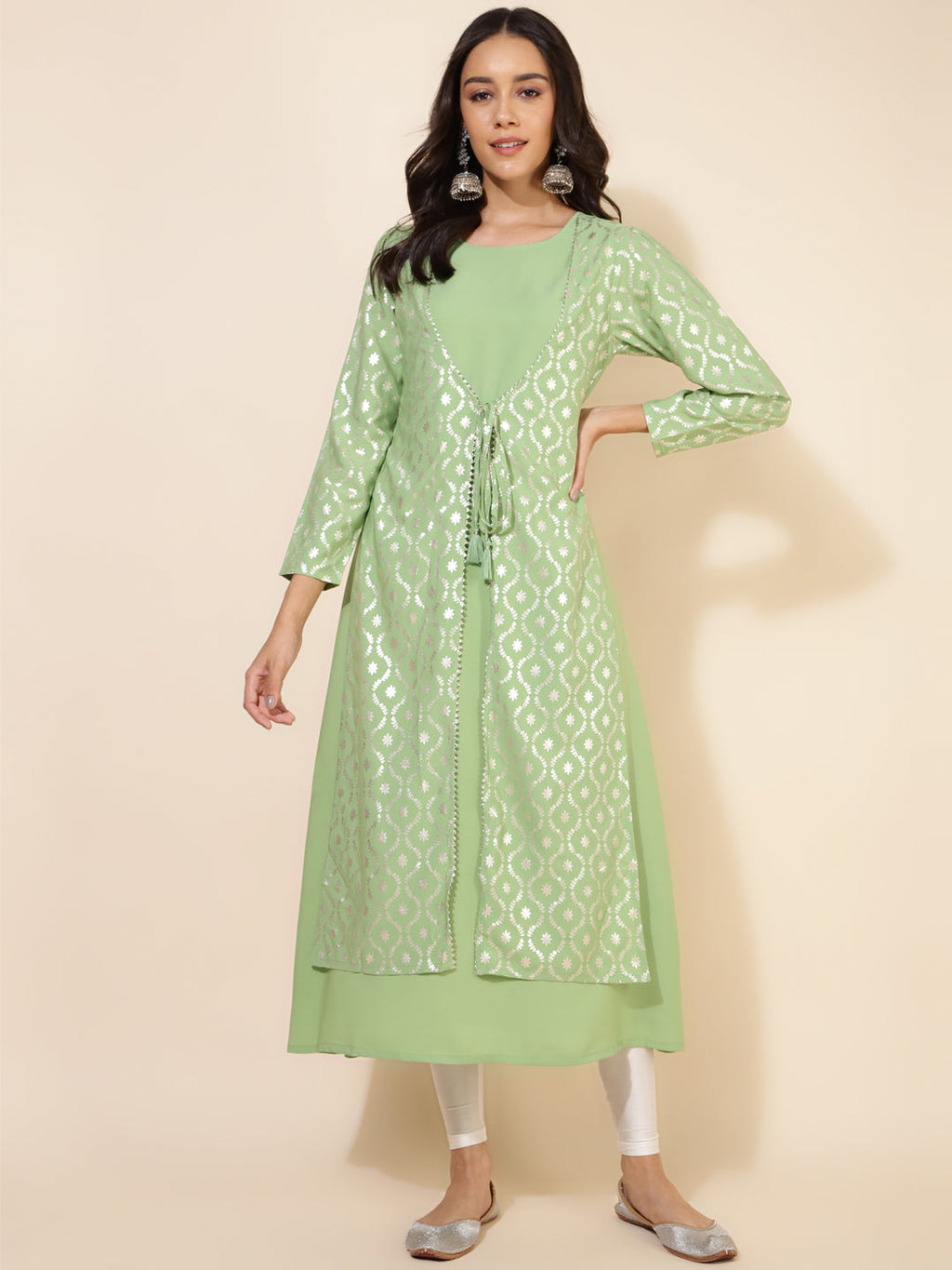 Janasya Light Green Crepe Foil Printed Festive Kurta | Grocsy