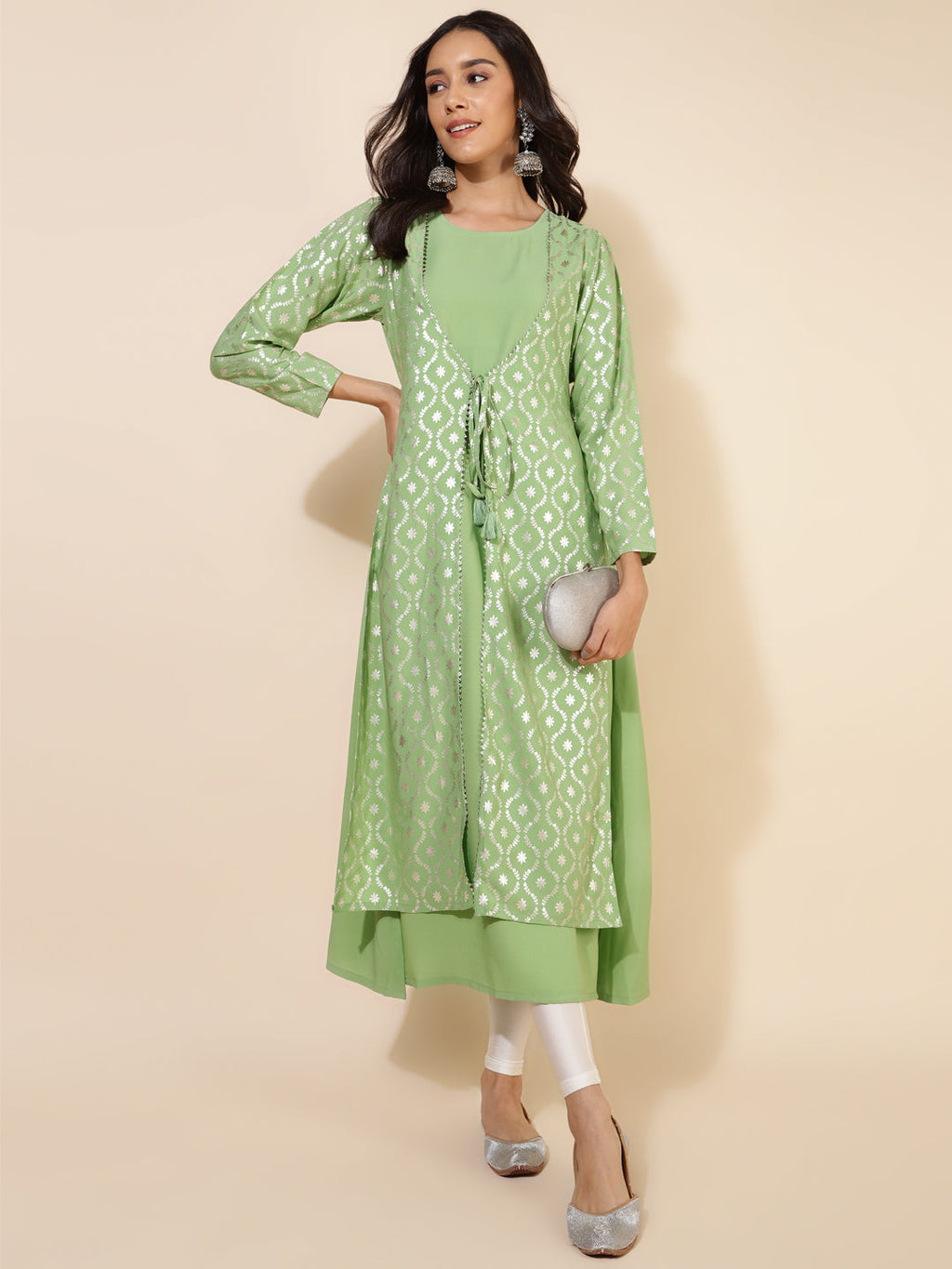 Janasya Light Green Crepe Foil Printed Festive Kurta | Grocsy