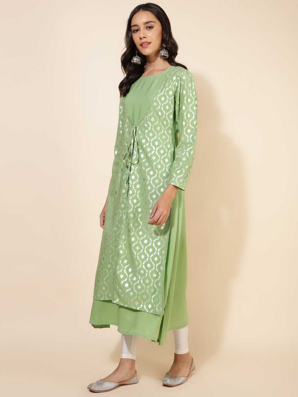Janasya Light Green Crepe Foil Printed Festive Kurta | Grocsy