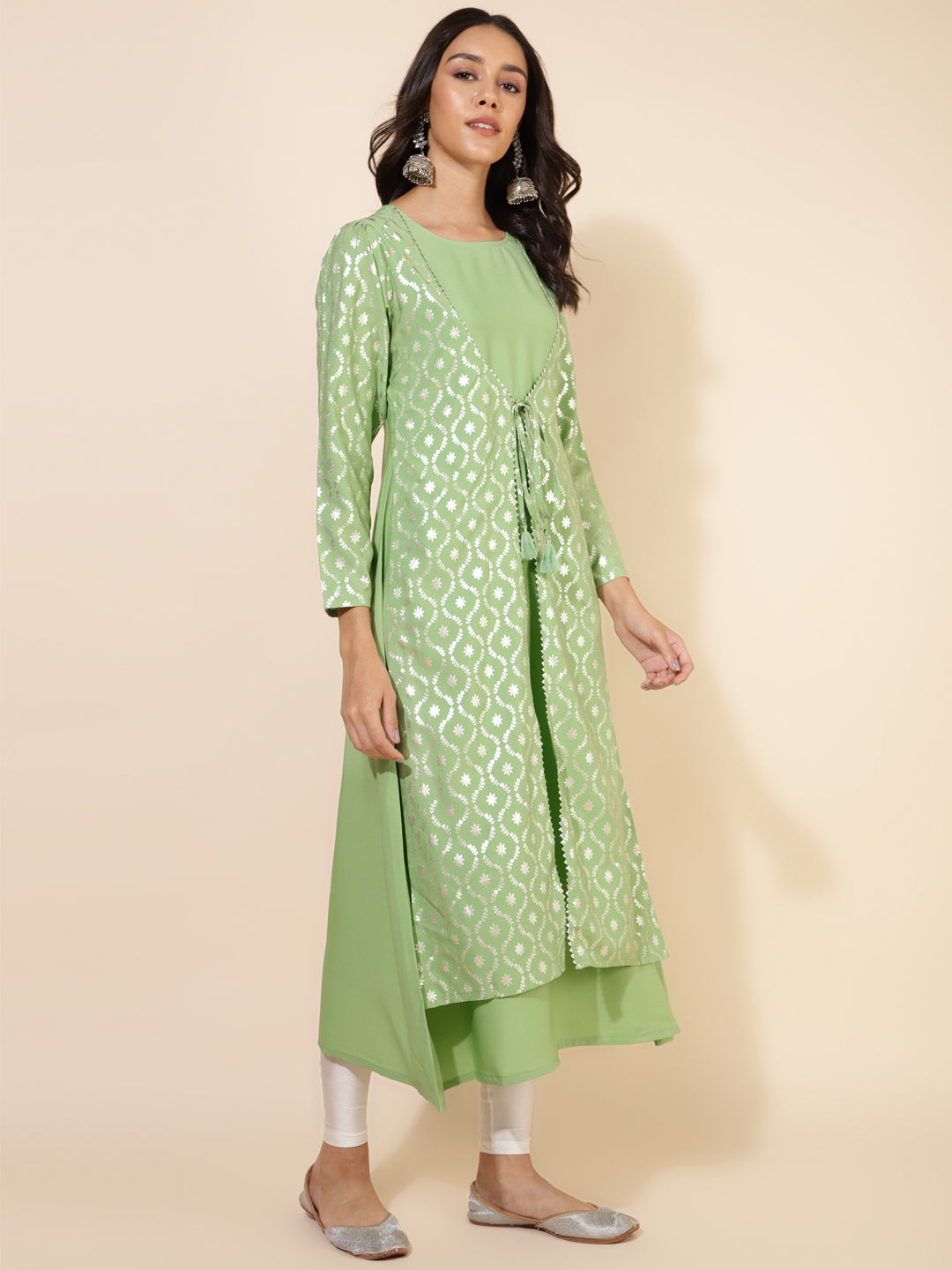 Janasya Light Green Crepe Foil Printed Festive Kurta | Grocsy