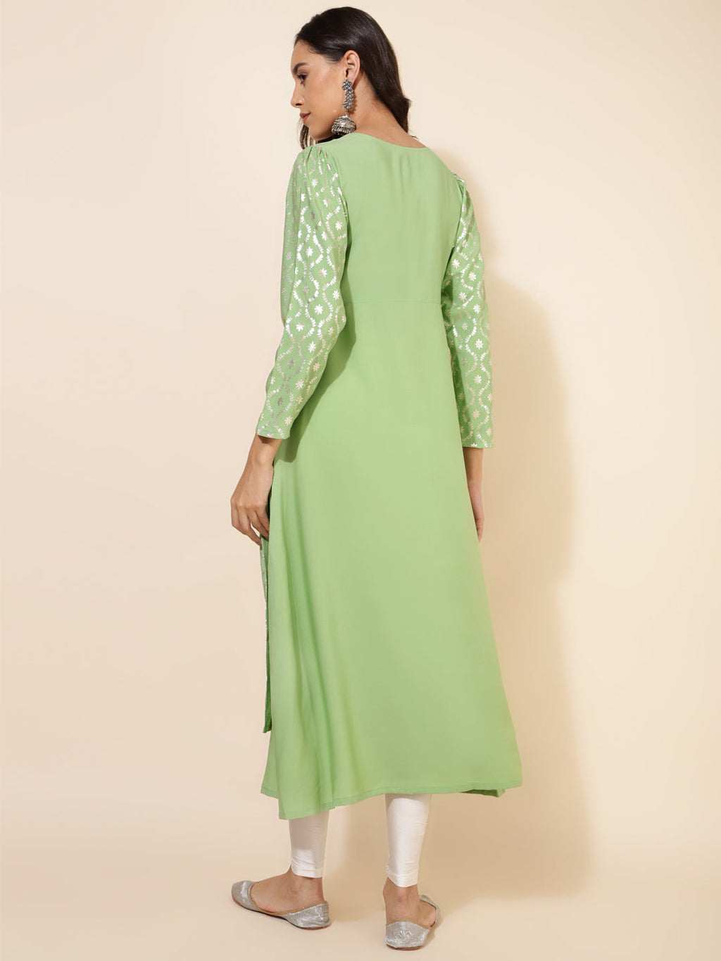 Janasya Light Green Crepe Foil Printed Festive Kurta | Grocsy