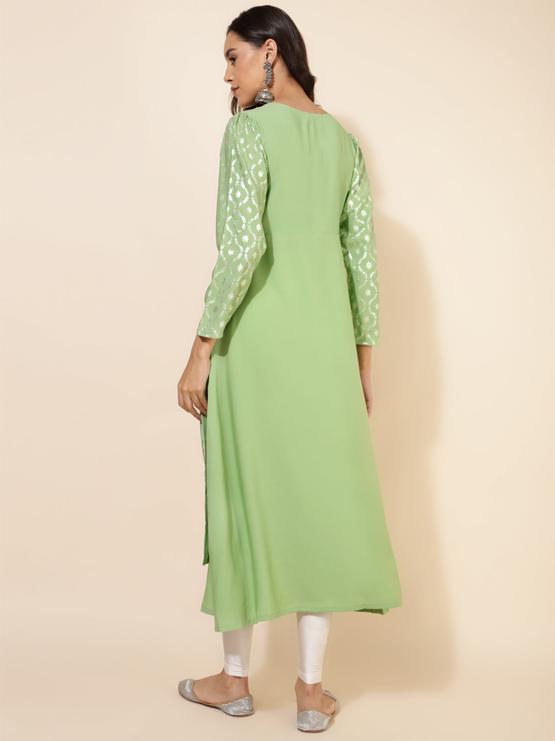 Janasya Light Green Crepe Foil Printed Festive Kurta | Grocsy