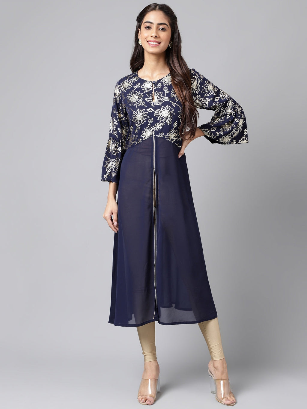 Janasya Women's Navy Blue Georgette Foil Printed Festive A-Line Kurta | Grocsy