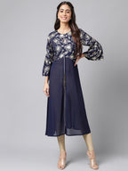 Janasya Women's Navy Blue Georgette Foil Printed Festive A-Line Kurta | Grocsy