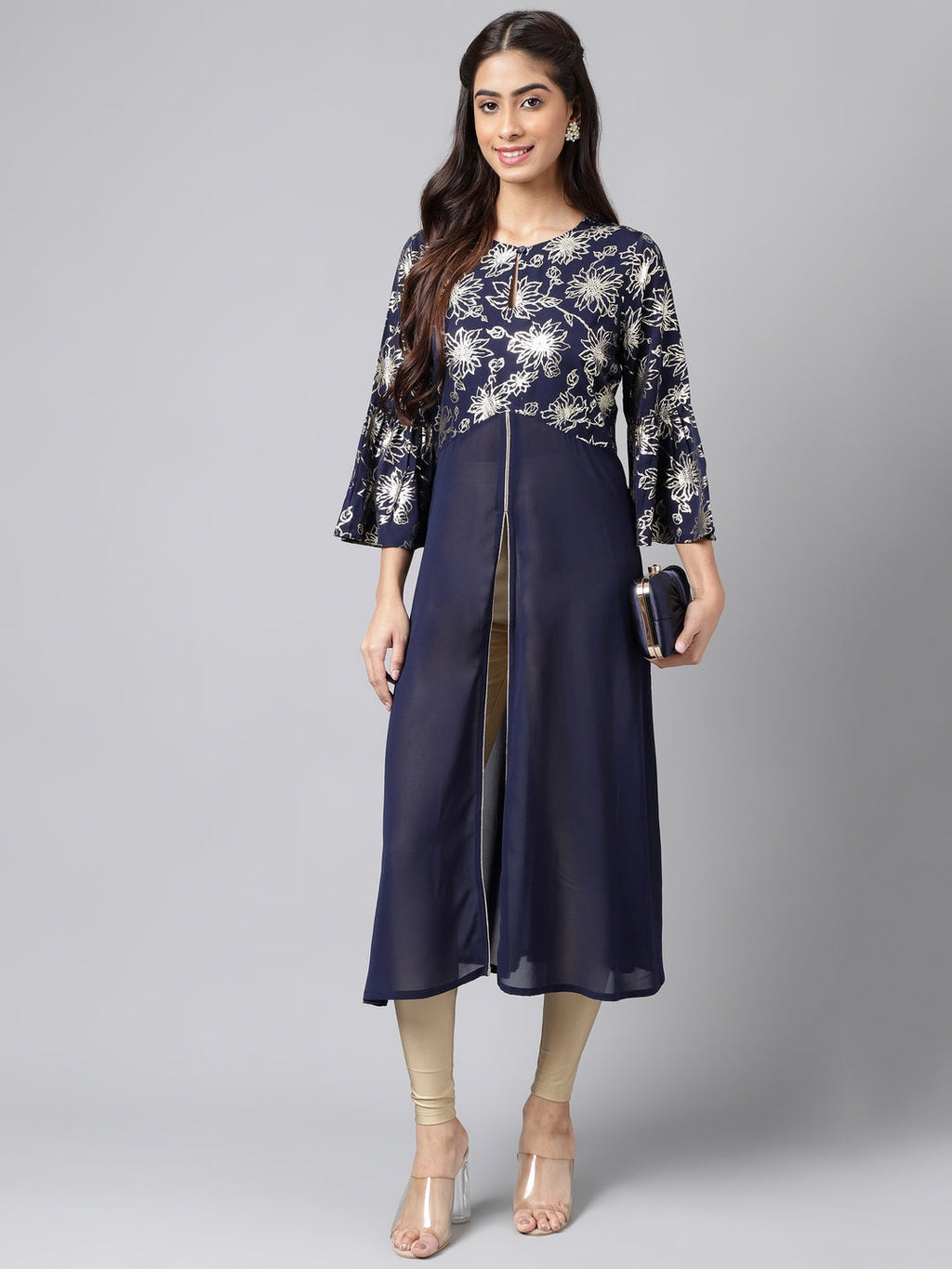 Janasya Women's Navy Blue Georgette Foil Printed Festive A-Line Kurta | Grocsy