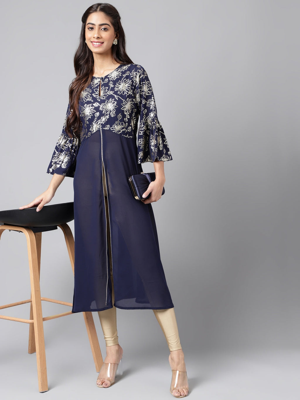 Janasya Women's Navy Blue Georgette Foil Printed Festive A-Line Kurta | Grocsy