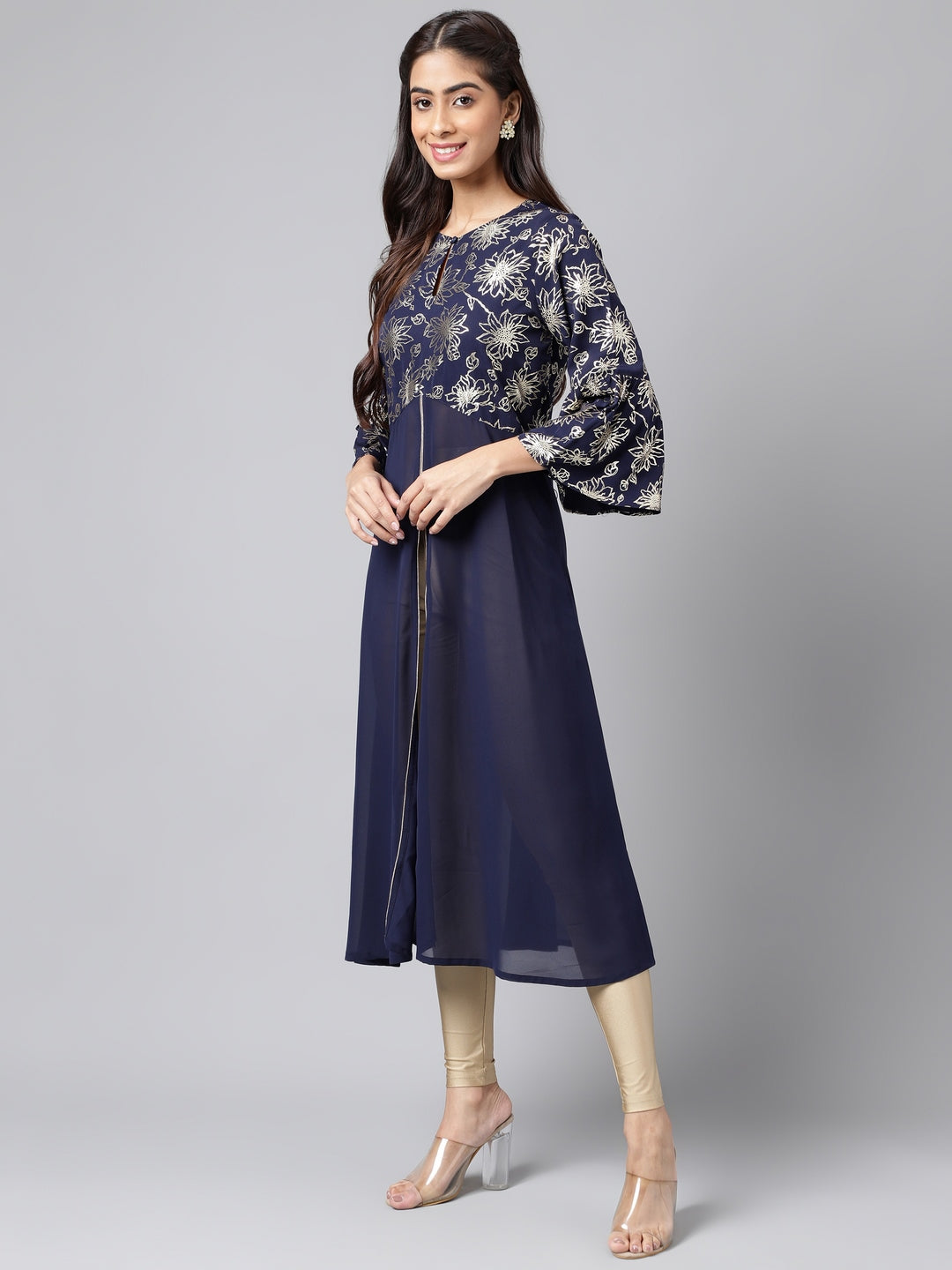 Janasya Women's Navy Blue Georgette Foil Printed Festive A-Line Kurta | Grocsy