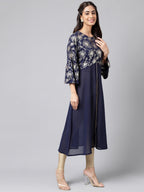 Janasya Women's Navy Blue Georgette Foil Printed Festive A-Line Kurta | Grocsy