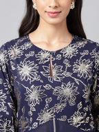 Janasya Women's Navy Blue Georgette Foil Printed Festive A-Line Kurta | Grocsy