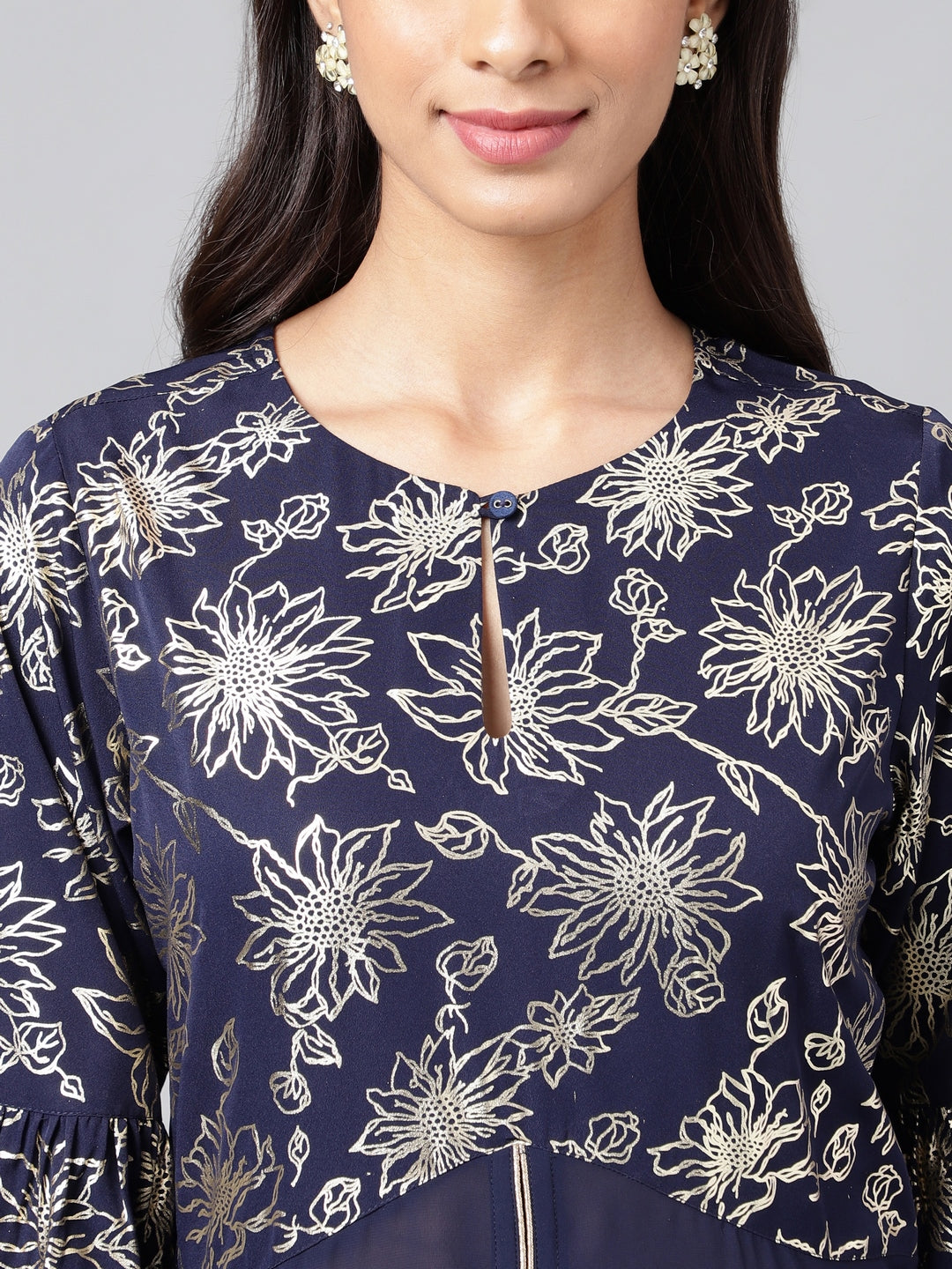 Janasya Women's Navy Blue Georgette Foil Printed Festive A-Line Kurta | Grocsy
