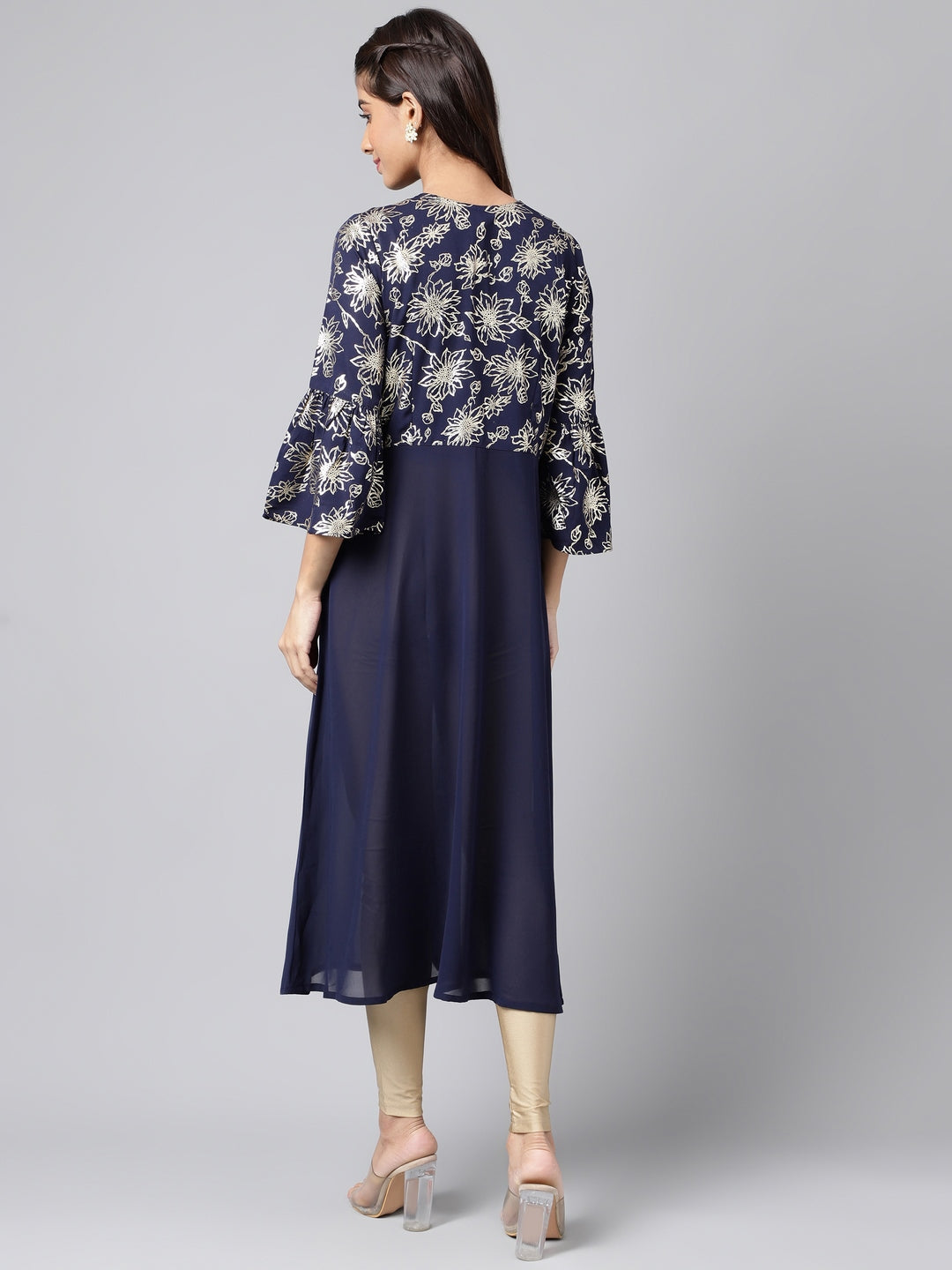 Janasya Women's Navy Blue Georgette Foil Printed Festive A-Line Kurta | Grocsy