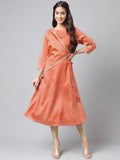 Janasya Women's Peach Crepe Silk Embellished Festive A-Line Kurta | Grocsy