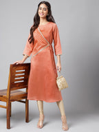 Janasya Women's Peach Crepe Silk Embellished Festive A-Line Kurta | Grocsy