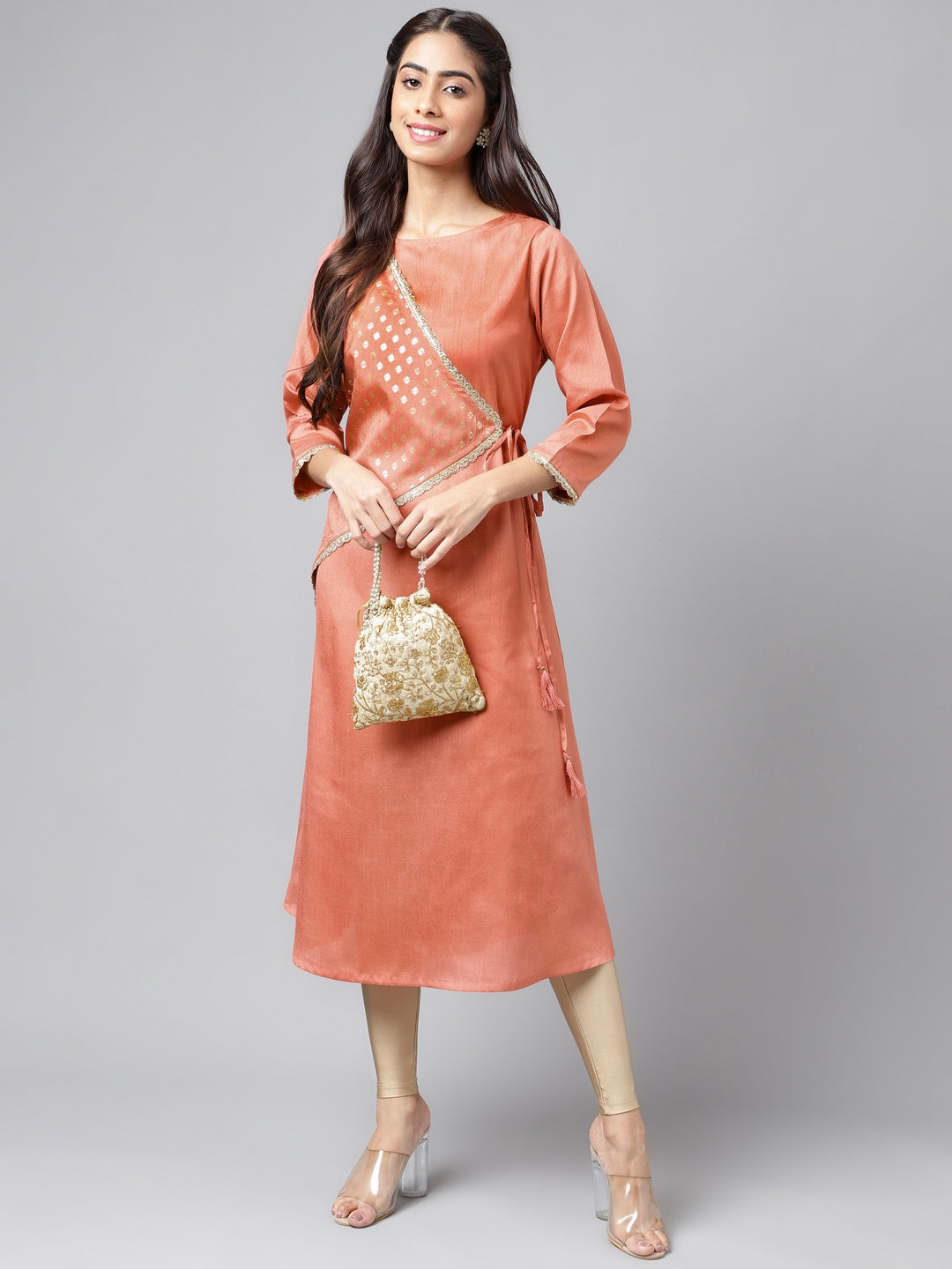 Janasya Women's Peach Crepe Silk Embellished Festive A-Line Kurta | Grocsy