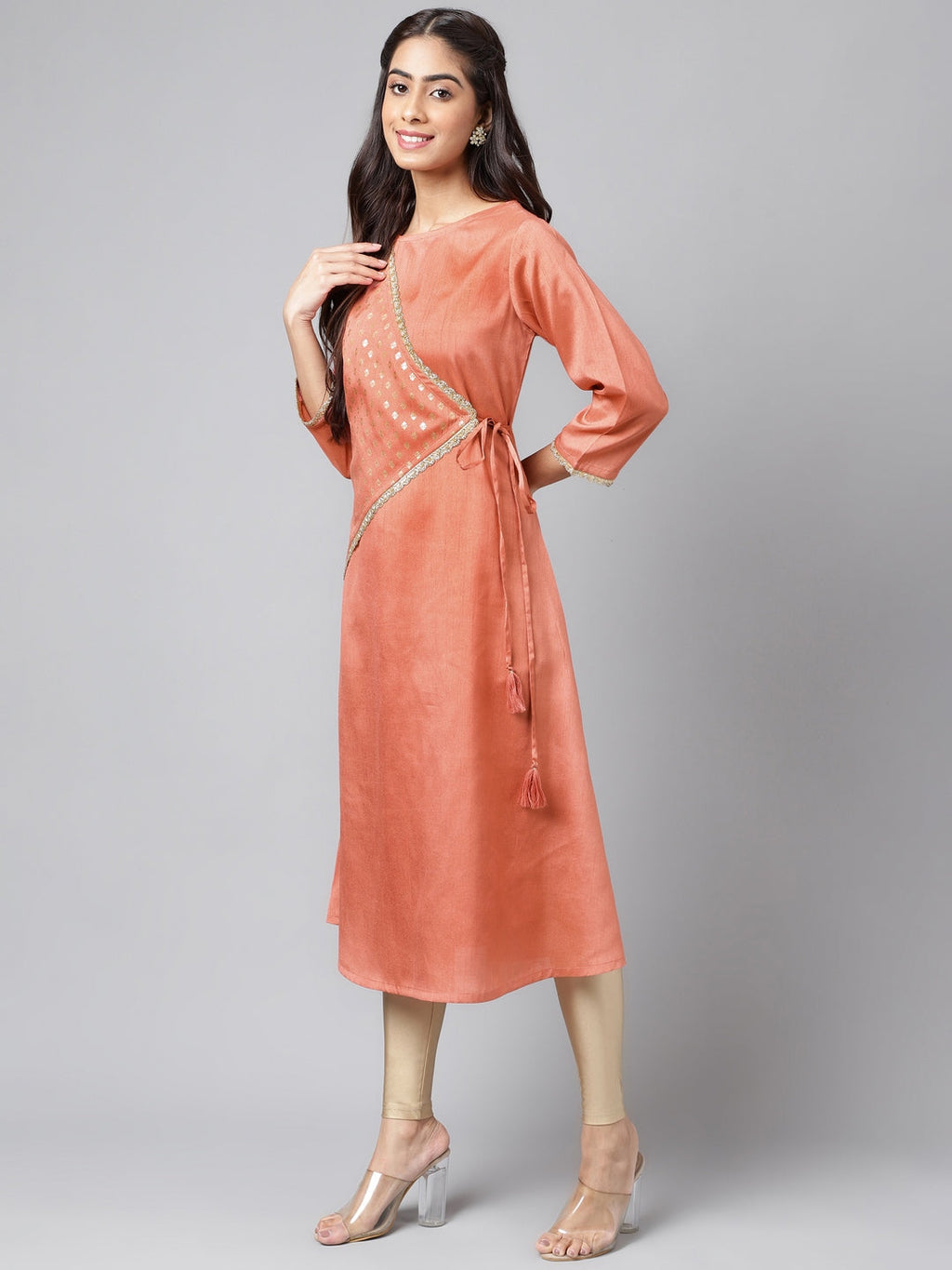Janasya Women's Peach Crepe Silk Embellished Festive A-Line Kurta | Grocsy