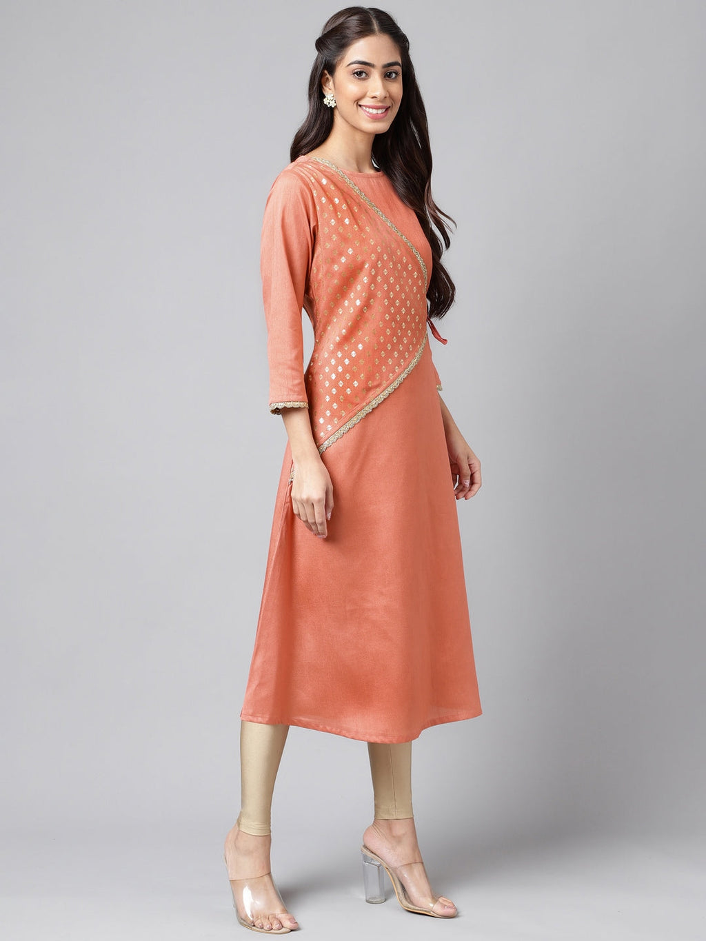 Janasya Women's Peach Crepe Silk Embellished Festive A-Line Kurta | Grocsy