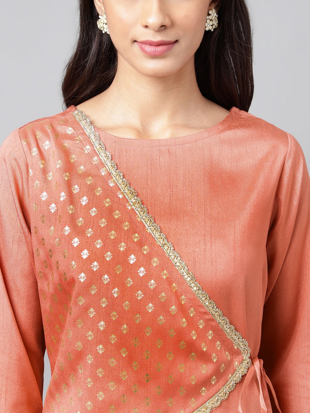 Janasya Women's Peach Crepe Silk Embellished Festive A-Line Kurta | Grocsy