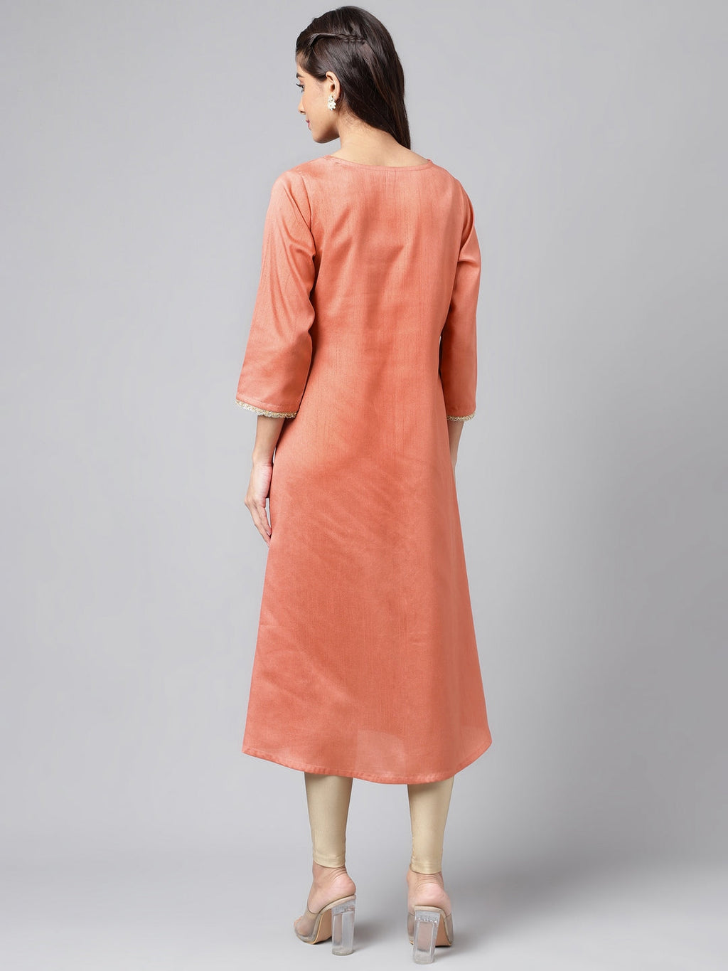 Janasya Women's Peach Crepe Silk Embellished Festive A-Line Kurta | Grocsy