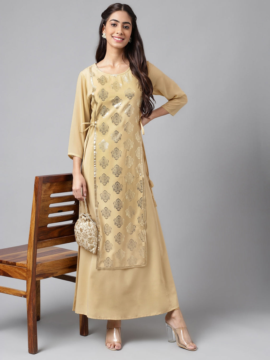 Janasya Women's Beige Crepe Embellished Festive A-Line Kurta | Grocsy