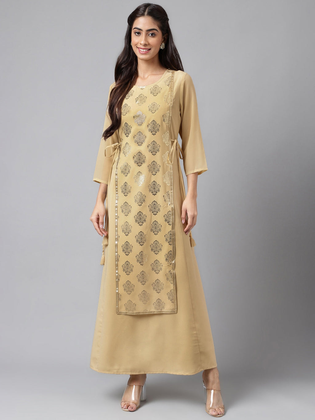 Janasya Women's Beige Crepe Embellished Festive A-Line Kurta | Grocsy