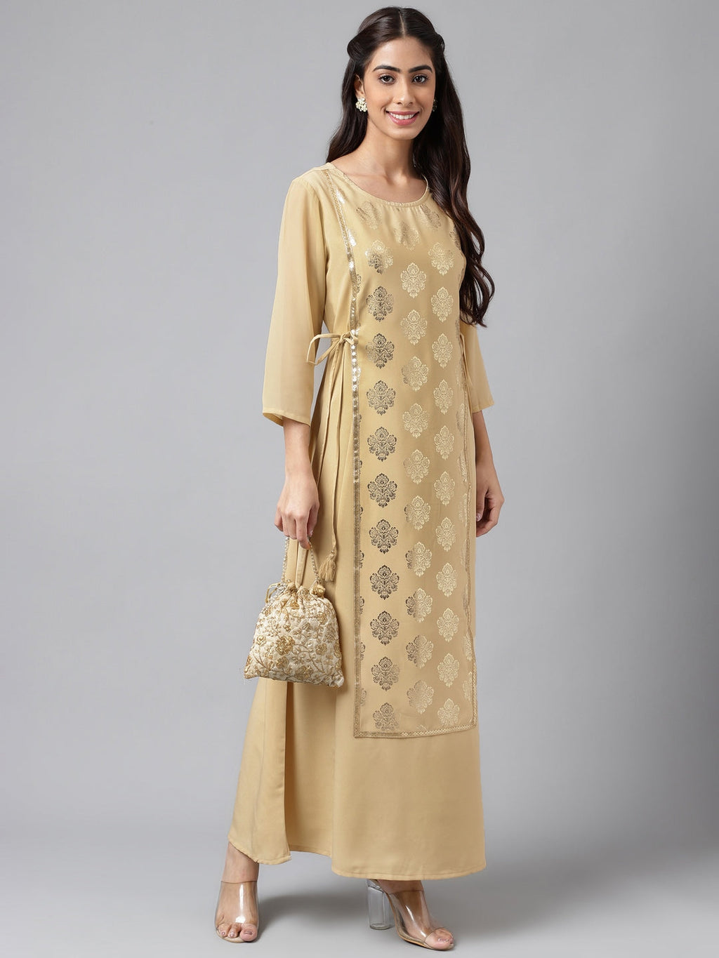 Janasya Women's Beige Crepe Embellished Festive A-Line Kurta | Grocsy