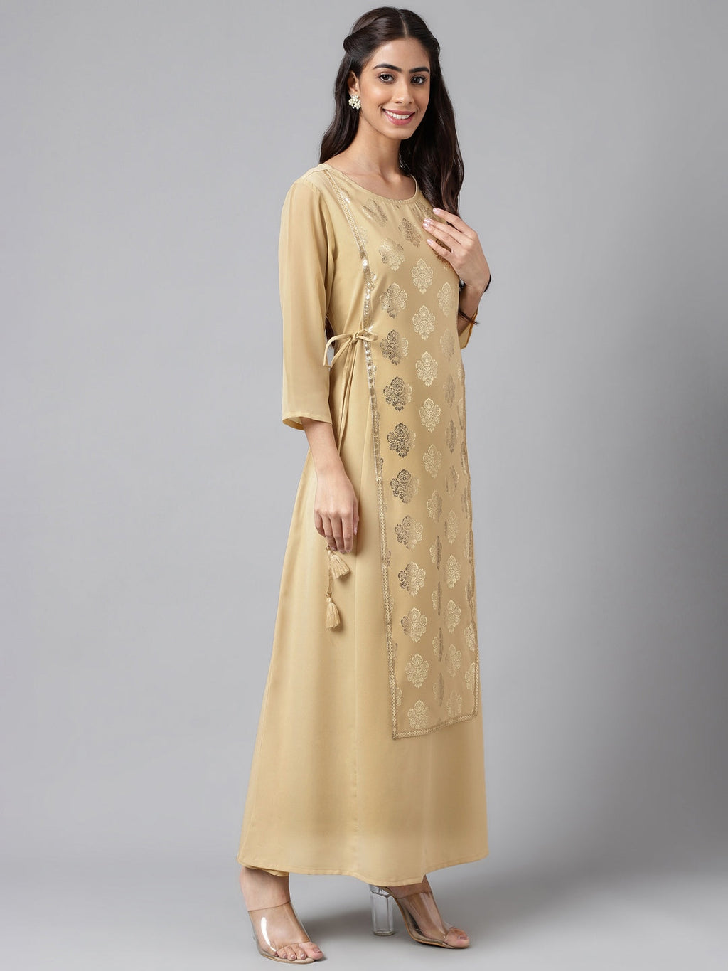 Janasya Women's Beige Crepe Embellished Festive A-Line Kurta | Grocsy