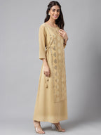 Janasya Women's Beige Crepe Embellished Festive A-Line Kurta | Grocsy