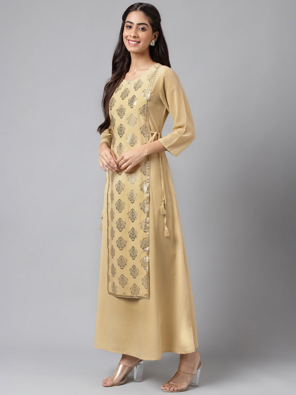 Janasya Women's Beige Crepe Embellished Festive A-Line Kurta | Grocsy