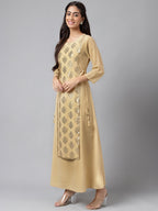Janasya Women's Beige Crepe Embellished Festive A-Line Kurta | Grocsy