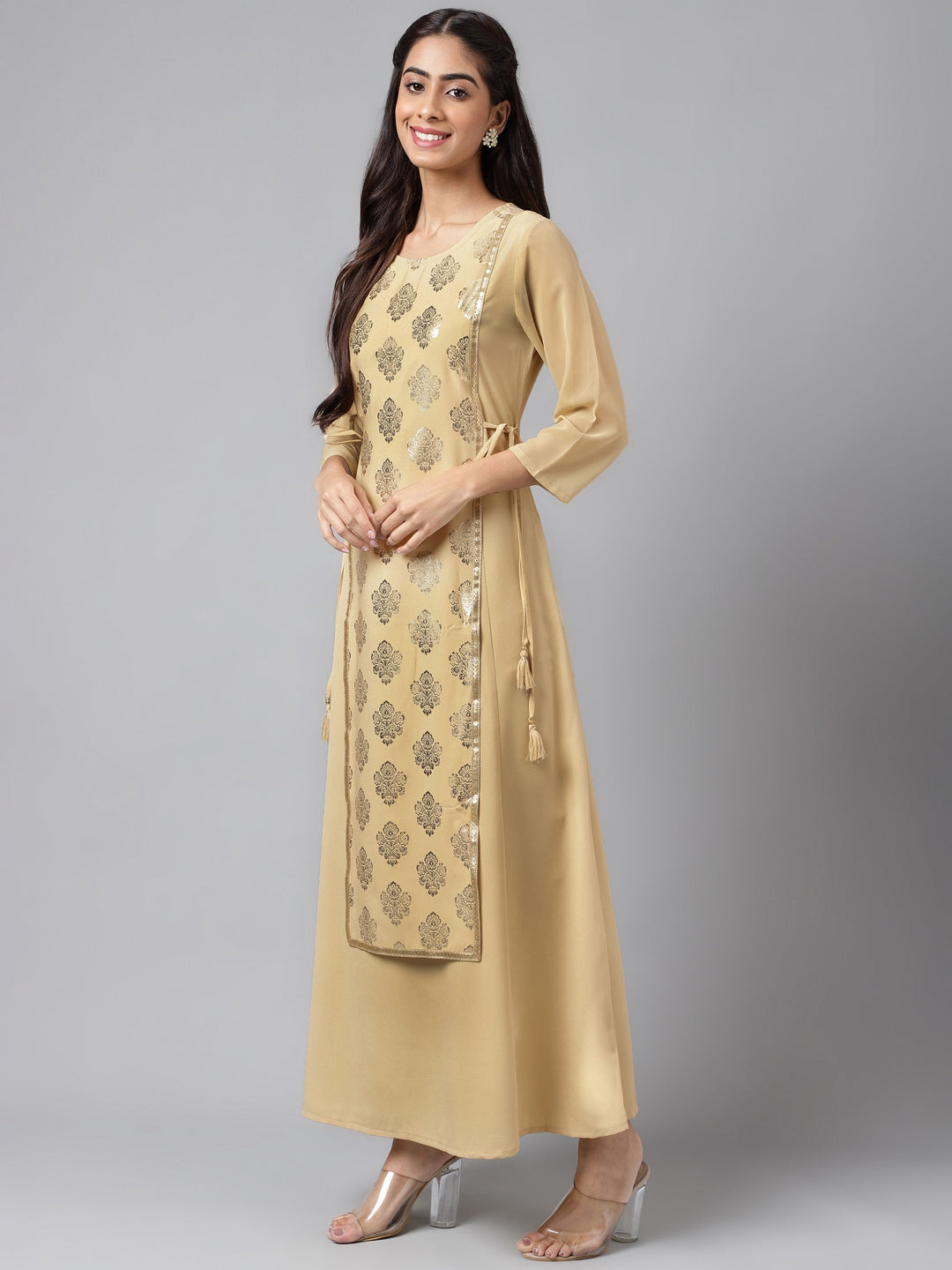 Janasya Women's Beige Crepe Embellished Festive A-Line Kurta | Grocsy