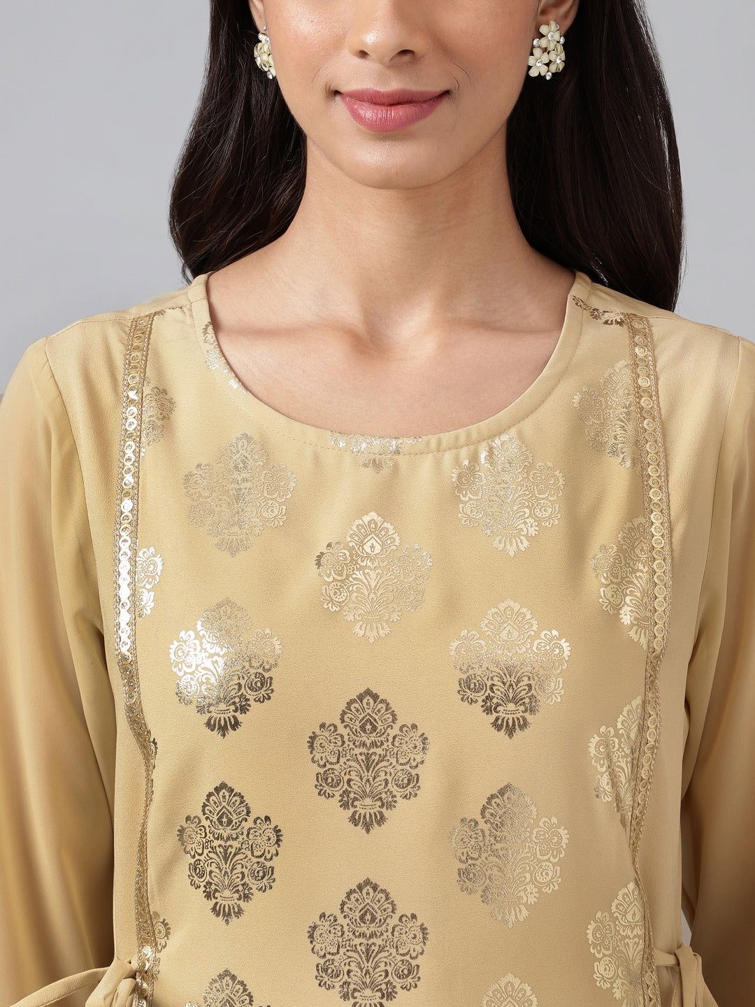 Janasya Women's Beige Crepe Embellished Festive A-Line Kurta | Grocsy