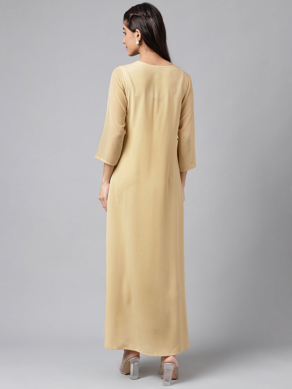 Janasya Women's Beige Crepe Embellished Festive A-Line Kurta | Grocsy