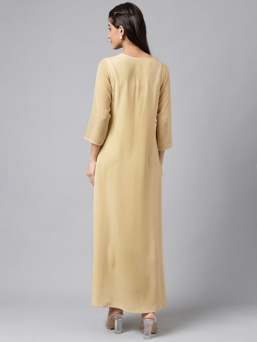 Janasya Women's Beige Crepe Embellished Festive A-Line Kurta | Grocsy